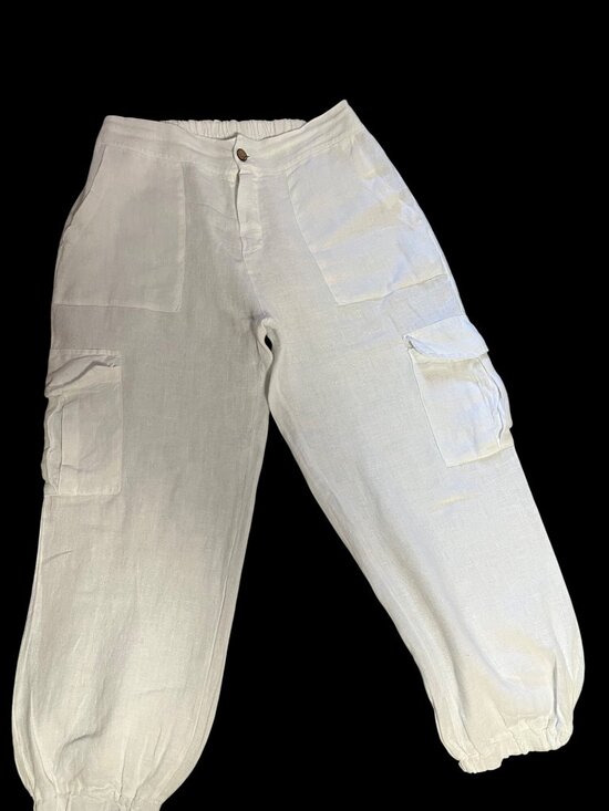 Milo-Milano Pants - White Cargo Linen Pants With Pockets Elastic Waist Stretch Size L